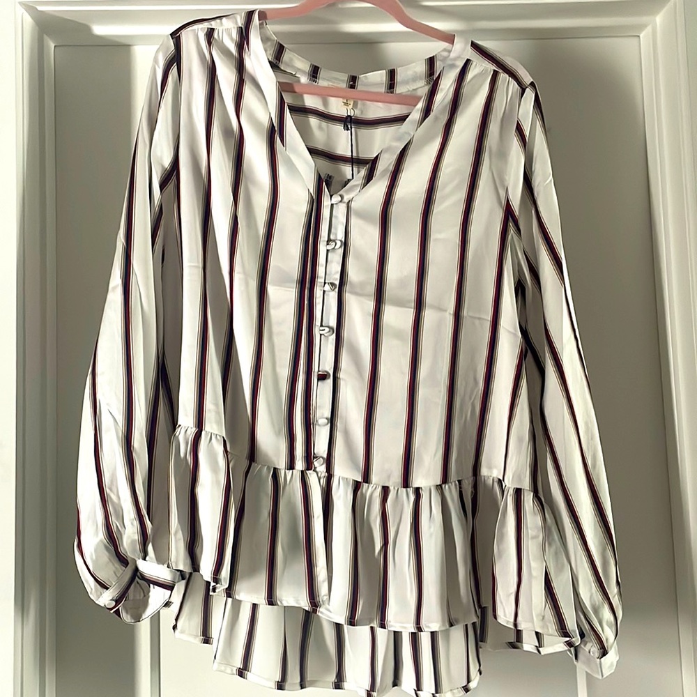 NWT Stripe Ruffle Hem Button Down